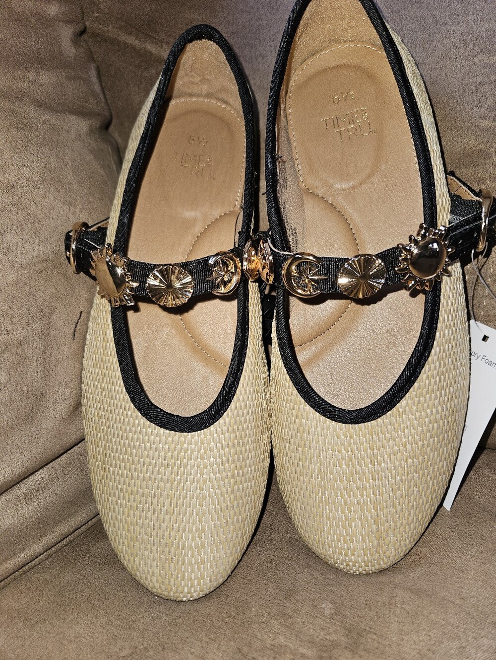 NWT Time and Tru Raffia Charm Strap Mary Jane Flats